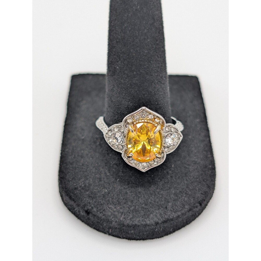 Vintage Style Oval Cut Citrine Halo Cubic Zirconia Ring Silver Cocktail Jewelry